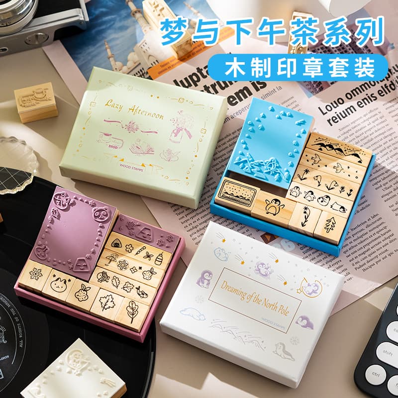 Dreams & Afternoon Tea Wooden Stamp Set DIY Decorative Scrapbook Cartoon Cute Journal Stamps Boxed