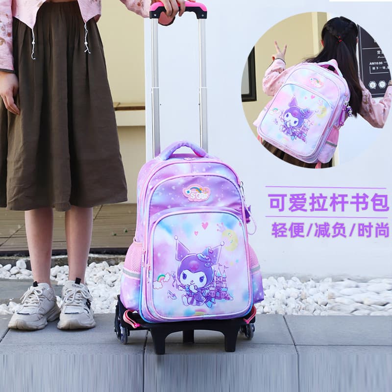 New Cartoon Trolley Backpack for Girls Grades 1-6, Lightweight Large Capacity Multi-Compartment School Bag with Pendant