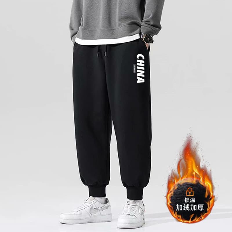 Men's casual sweatpants, new autumn/winter style, Korean style, plus size, tapered leg, thickened, trendy print, in stock, wholesale, fleece lining.
