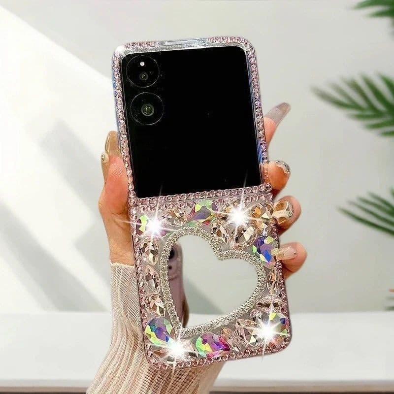 Case for Motorola 60, Motorazr 50 Protective Cover Full Rhinestone Heart Mirror 50 Ultra Foldable