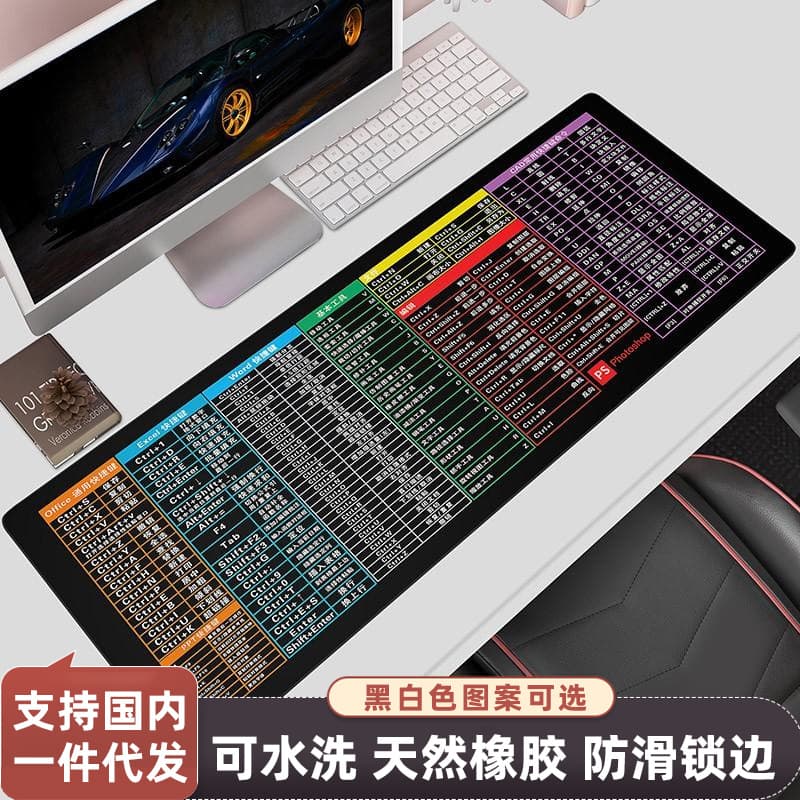 Large Mouse Pad with Office Shortcut Keys, Thick Stitched Edge, Large Desk Pad for Men and Women, Wrist Rest Student Mat