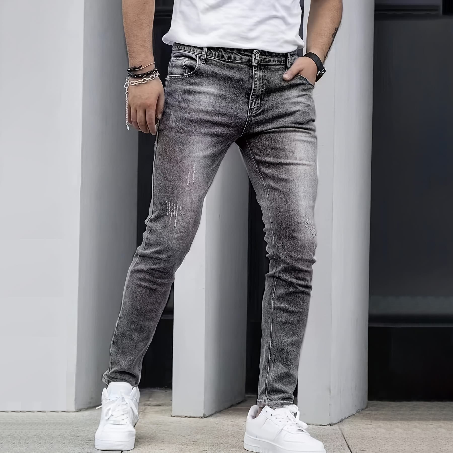 Cross-border temu popular stretch men's casual solid color jeans men's slim and versatile black gray dark blue men's trousers