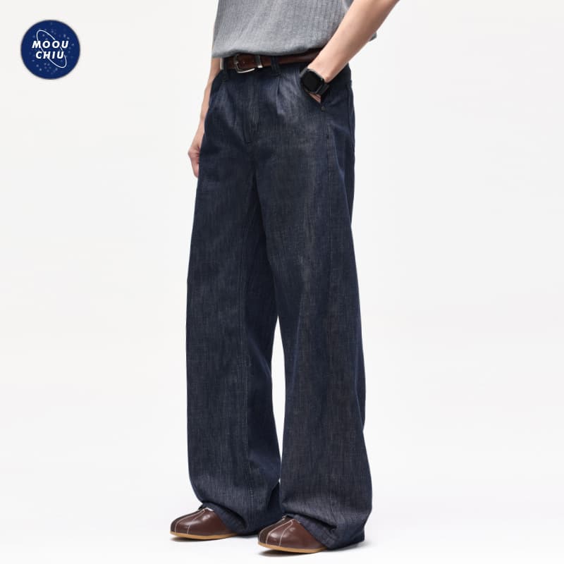 Muqiu Men's Clothing | Linen Blue Original Thin A-Shape Jeans Men's Textured Loose Wide-Leg Long Pants