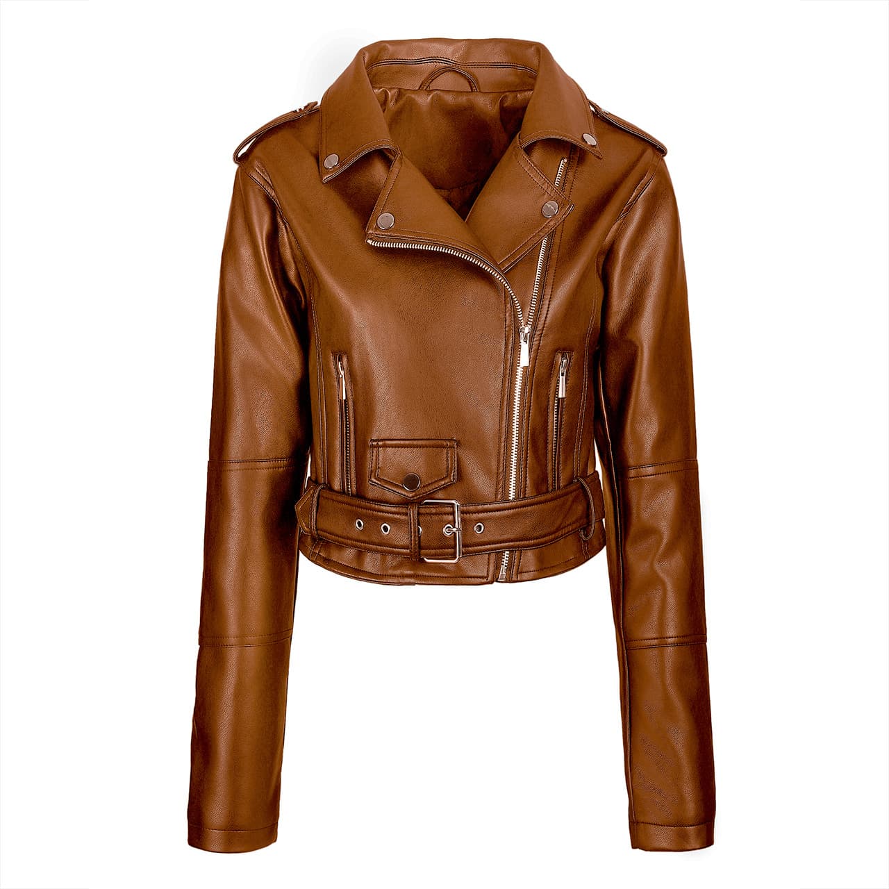 Women's PU Leather Jacket Short Coat with Lapel and Belt, Zipper Front Leather Outerwear