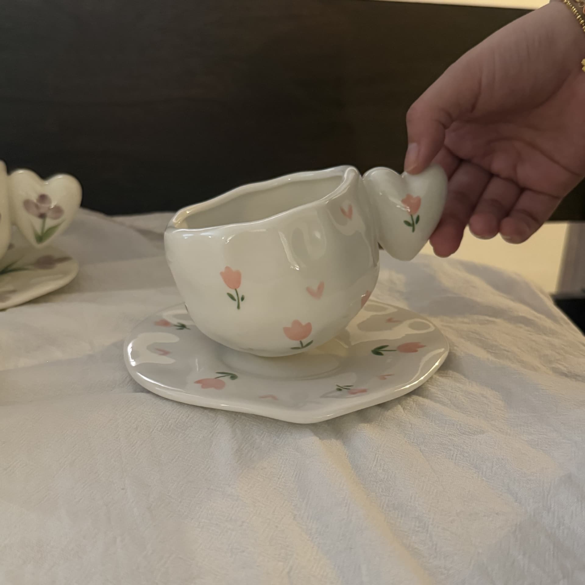 French Ins Style Heart Ceramic Cup & Saucer Set, Hand-Pinched Irregular Coffee Cup & Saucer, Afternoon Tea Cup & Saucer Cross-Border Wholesale