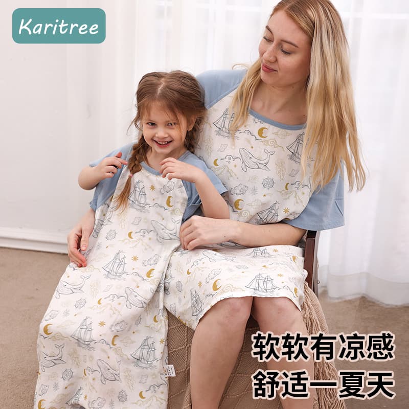 Baby Sleep Sack One-Button Kids Pajamas Double-Layer Short Sleeve Family Matching Sleep Dress Bamboo Cotton Summer