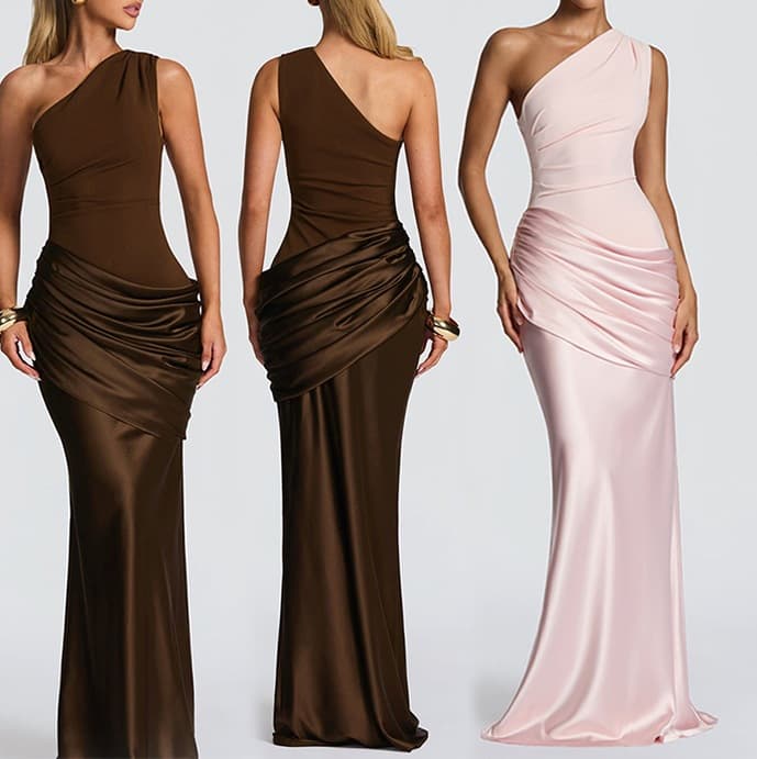 French cross-border European and American style one-shoulder diagonal collar pleated satin splicing slim hip-covering long skirt elegant elegant dress