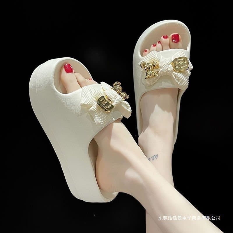 Thick Platform High Heel Slippers for Women Summer 2026 New Trendy Cute Bear Bow Cloud-Like Comfort Sandals