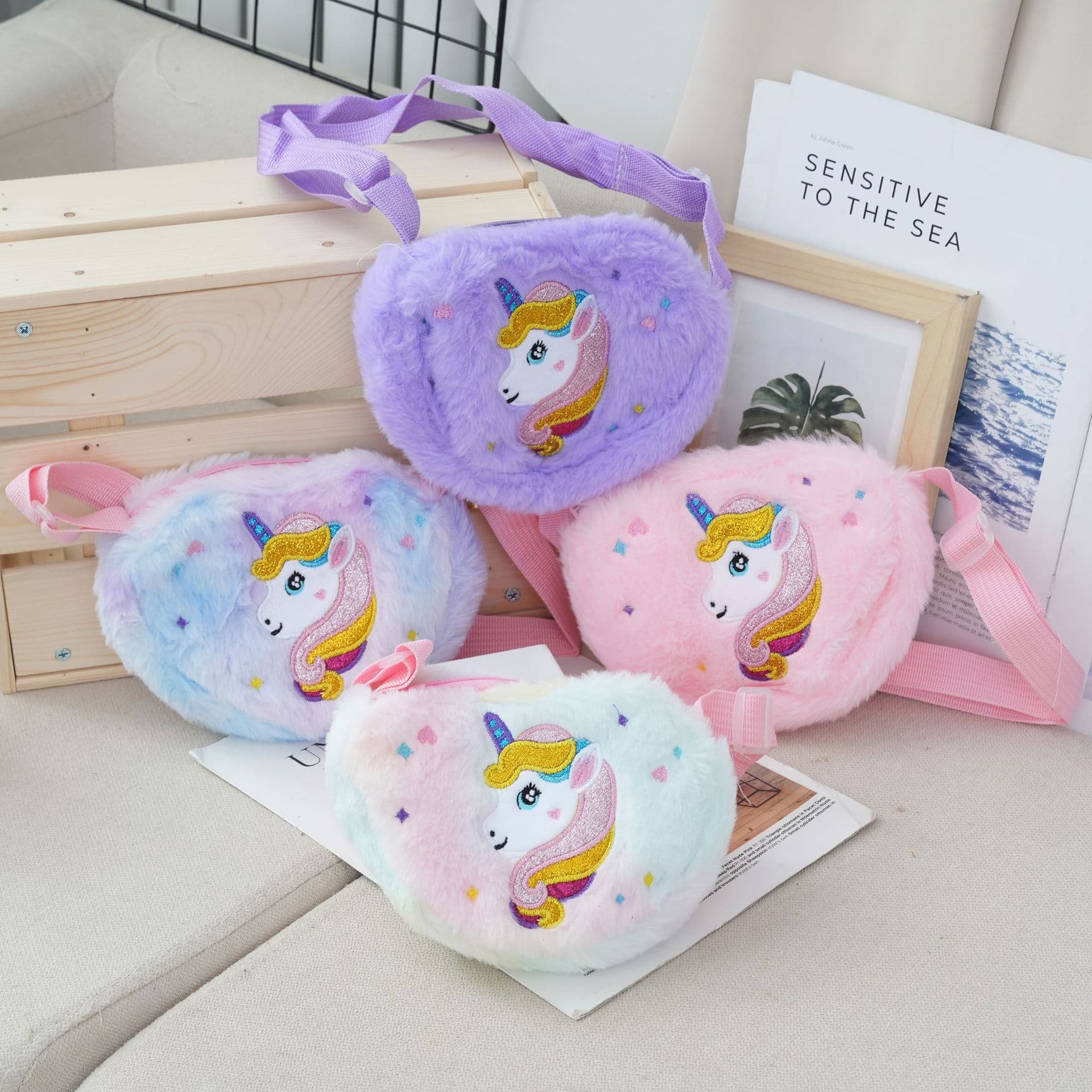 Children's Unicorn Plush Fashion Heart-shaped Shoulder Crossbody Bag, Can Store Coins, Daily Wear, Kindergarten Bag