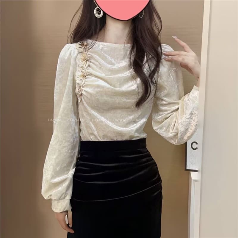 French Elegant Design Top for Women, Autumn Stylish Unique Blouse, Fashion Base Shirt Velvet Embroidery High-End