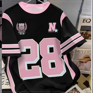 2025 American High-Street Casual Baseball Collar Contrast Color Short Sleeve Long Sleeve T-Shirt Women Summer Loose Printed Half Sleeve