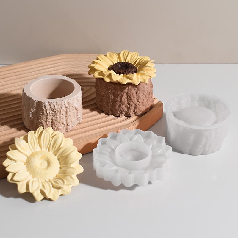 Sunflower Round Candle Cup Resin Silicone Mold, Epoxy DIY Daisy Tree Stump Plaster Storage Box