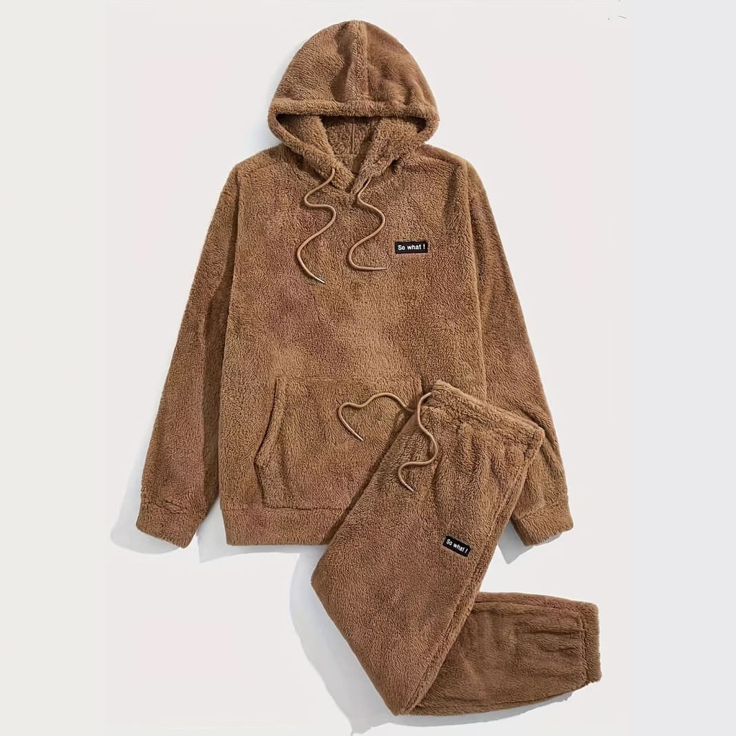 Autumn/Winter Lamb Fleece Hooded Set Men's Lined Sweatshirt + Long Pants Two-Piece Warm Home Leisure Suit