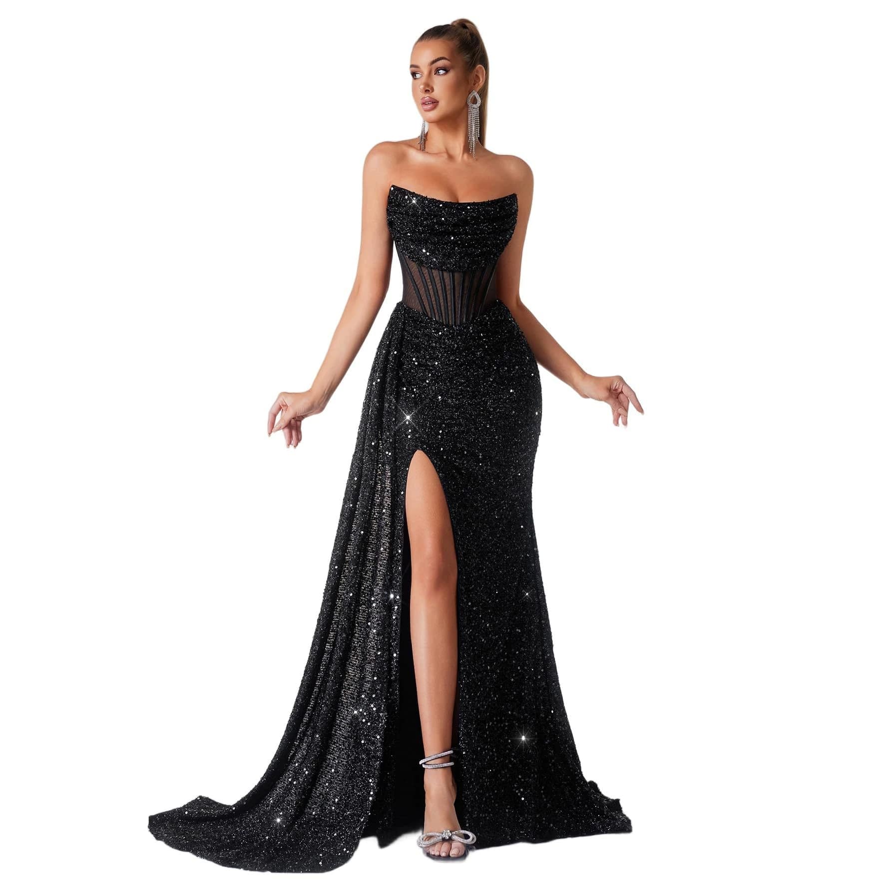 Sexy Strapless Mermaid Evening Dress with See-Through Corset, Sequins, and Slit, Party Long Dress, Overseas Warehouse Wholesale