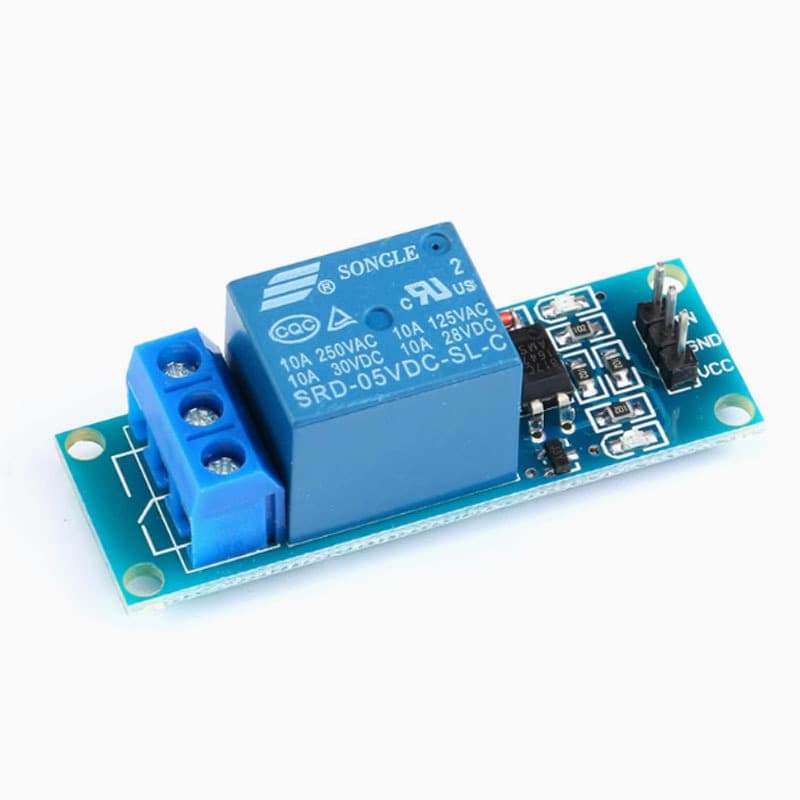 A single-channel 5V/12V relay module with optocoupler-isolated relays and a microcontroller expansion board for low-level triggering.