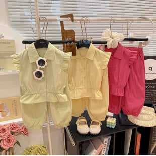 Children Girls Summer Sweet Fashion Casual Korean Style Ruffled Flying Sleeve Solid Color Set