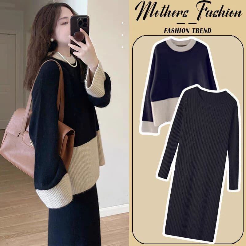 Maternity Wear Autumn/Winter Set New Style Patchwork Short Sweater + Round Neck Base Dress Set