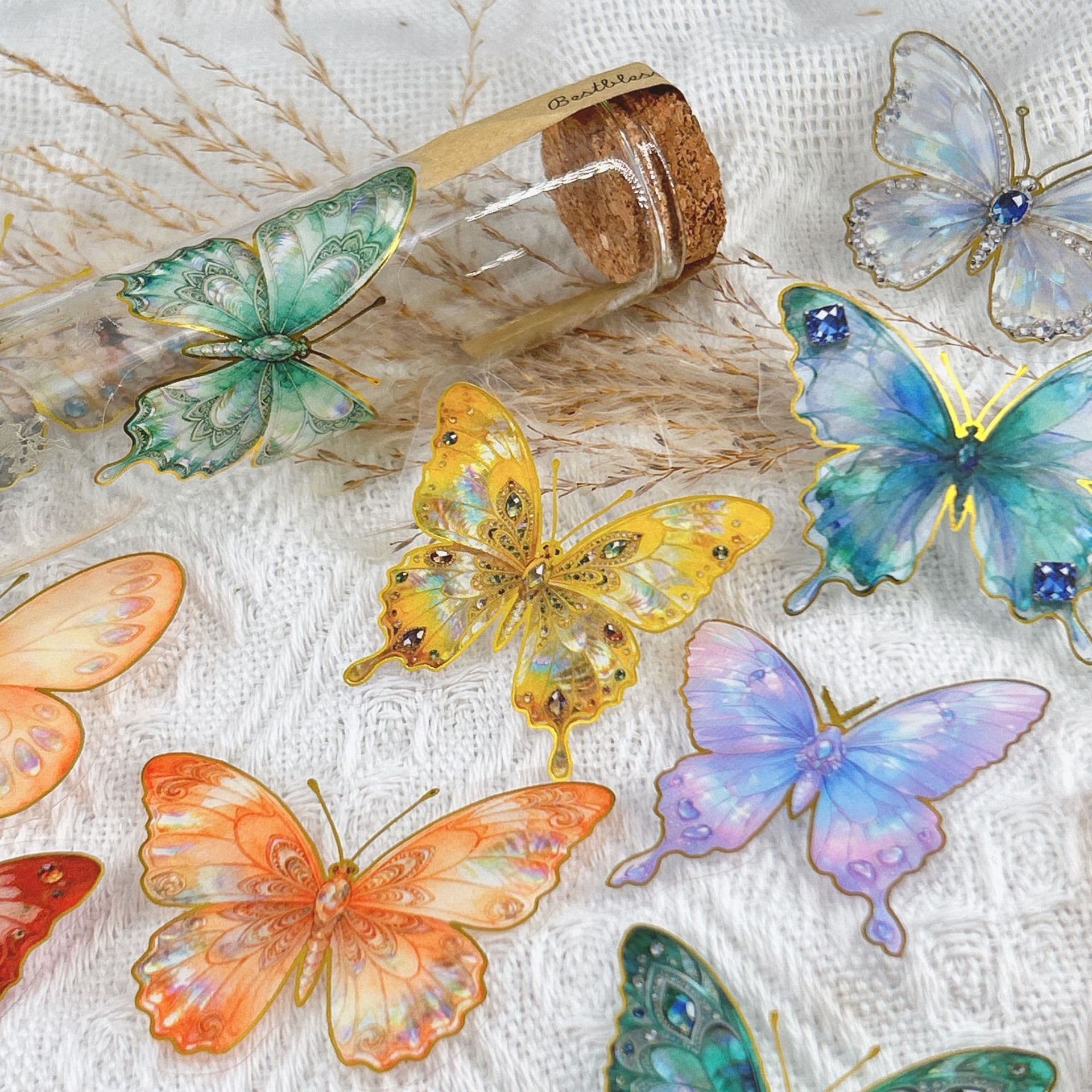 50pcs Cartoon Gold Foil Colorful Butterfly Sticker Pack Waterproof Transparent PET Decorative for Cups Guitars Wholesale Available