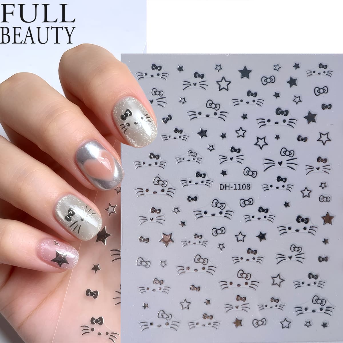 New Cross-Border Nail Stickers Minimalist Cartoon Cute Aurora Powder Gold Foil Hello Kitty Nail Stickers