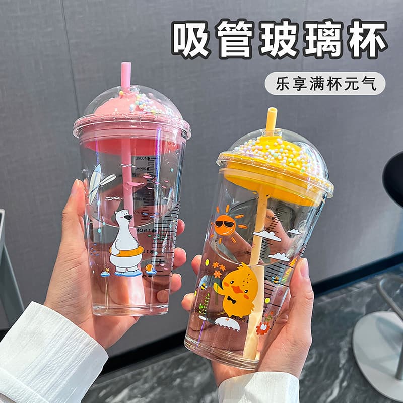 Trendy High-End Water Cup, Cherry Blossom Starry Sky Glass Cup, Straw Cup for Women and Kids, Cute Colorful Graduated Drinking Cup