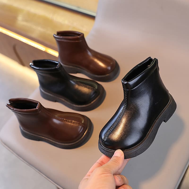 Double-Layer New Fashion Children's Fashion Boots Boys' British Style Cotton Boots Girls' Fashion Leather Boots Windproof Warm Trendy