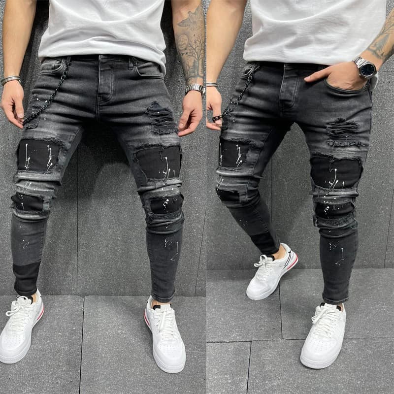Cross-border European and American men's ripped printed jeans Amazon Digital Express patch stretch leg jeans new style