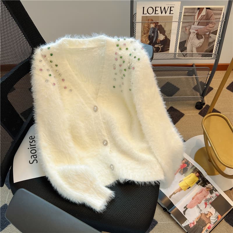 Heavy-Duty Beaded Chanel-Style Knit Cardigan for Women, New Fall/Winter Trendy Short Rhinestone-Trimmed Mink Velvet Sweater Coat
