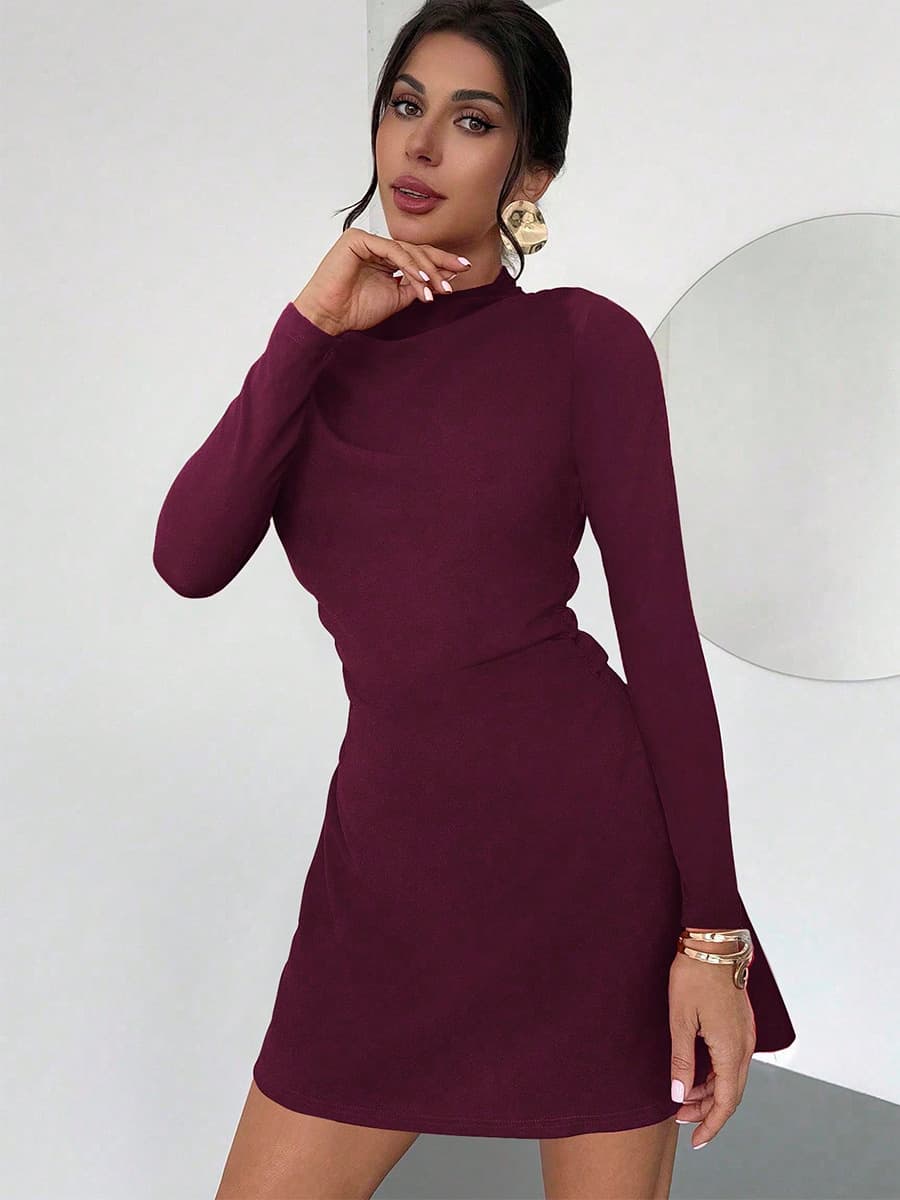 Cross-border European and American fashion slim long-sleeved dress new Amazon foreign trade half-high collar stretch A-line skirt