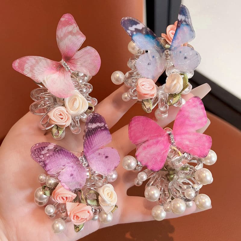 Children's Butterfly Pearl Coiled Hair Tie, Braiding Tool for Little Girls, Bubble Ponytail Hairband for Girls