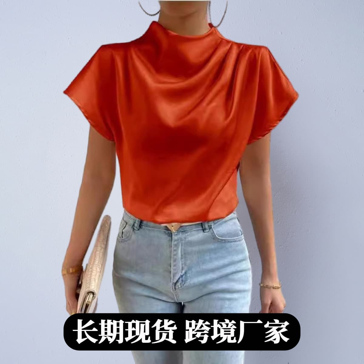 European and American Brand Women's Satin T-Shirt, Spring and Autumn Best-Selling Round Neck Short Sleeve Left Shoulder Pleated Women's Top