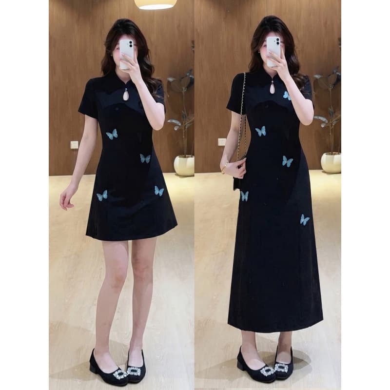 Actual photo~ Plus size women's 2026 new blue butterfly embroidery new Chinese style dress fat mm elegant cheongsam dress