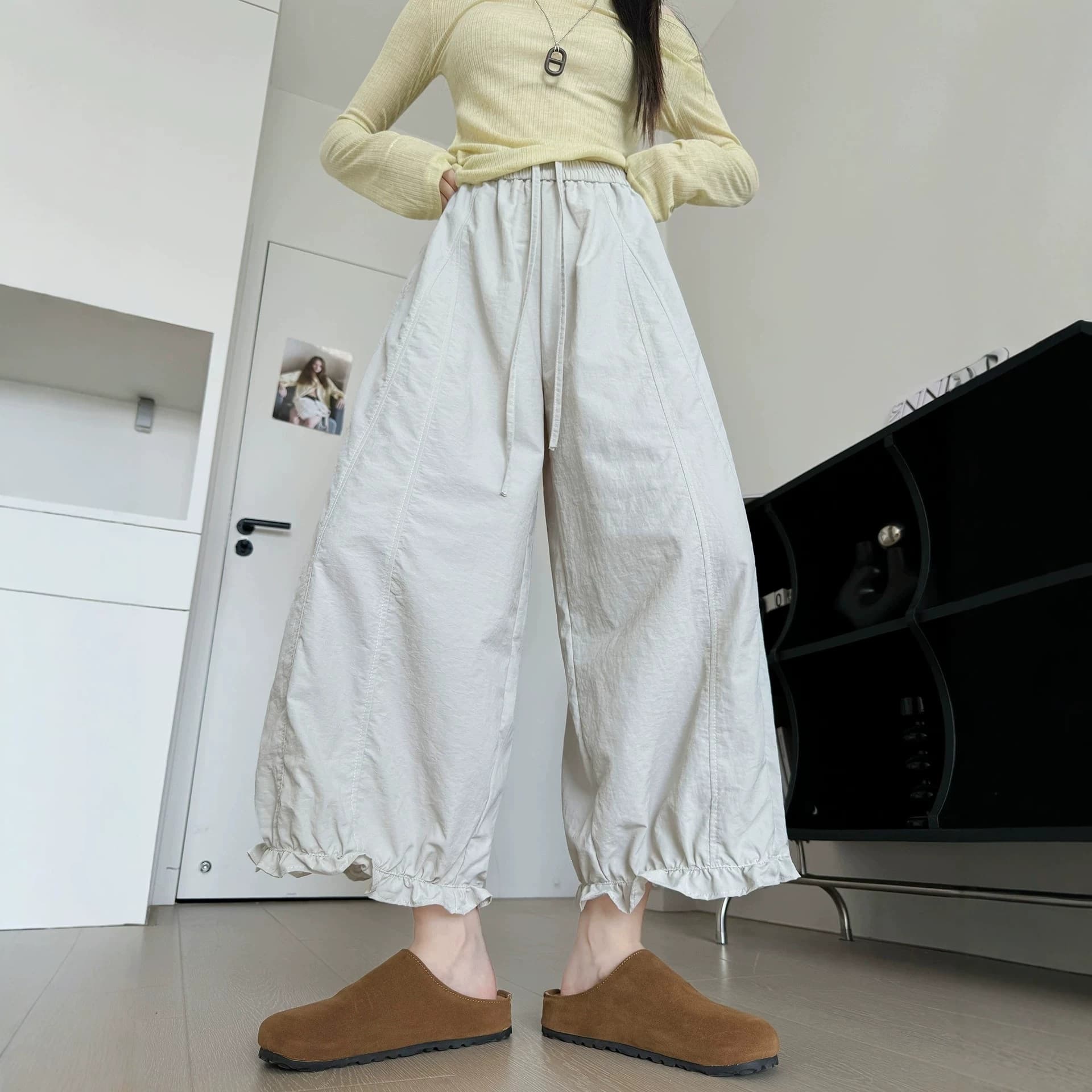 Fungus hem wide-leg pants for women, summer thin nine-point bloomers, loose high-waist casual ice silk quick-drying sunscreen pants, trendy