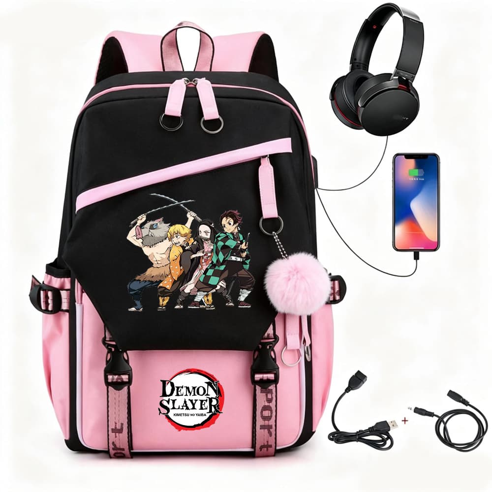 Cross-border hot model Demon Slayer Printed Backpack Casual Student Fans USB Charging Men's and Women's Travel School Bag