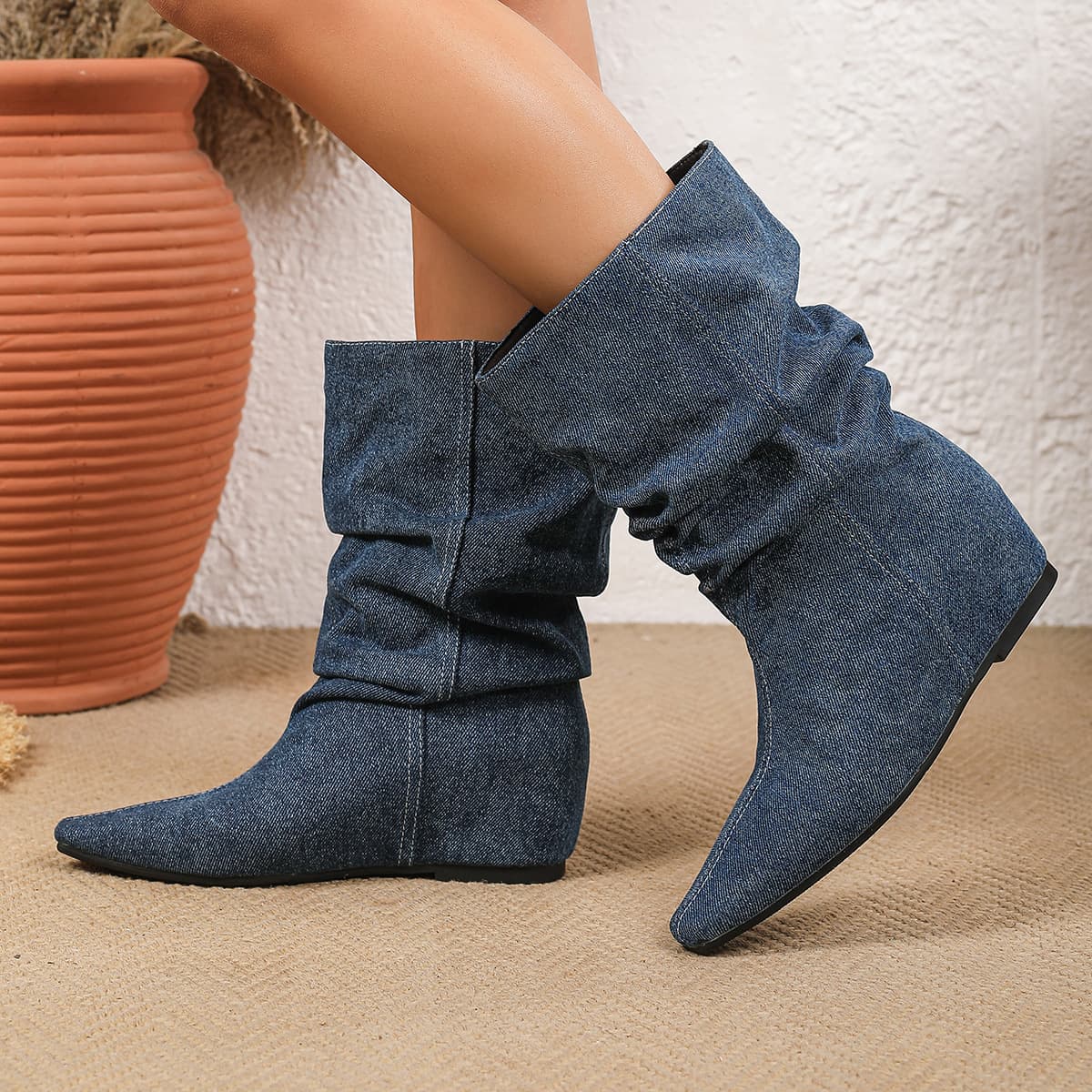 072-9 European and American style inner height increasing pile boots wrinkled short boots for women 5.5cm inner height increasing invisible western cowboy boots