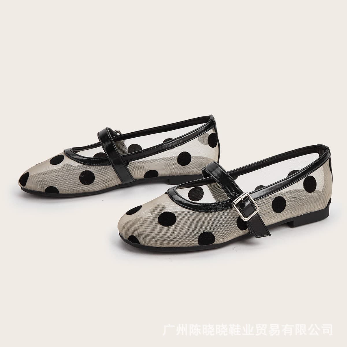 Retro flat shallow single shoes mesh breathable black polka dot versatile slip-on round toe Mary Jane shoes versatile