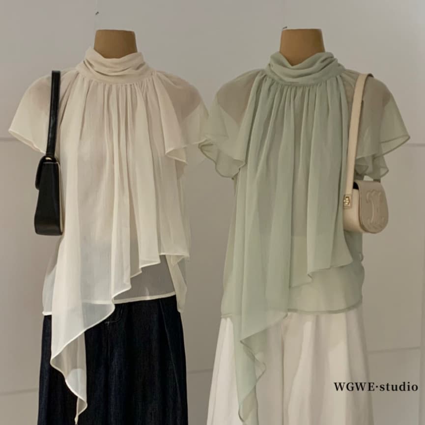 WGWE9855 Summer New Women's Top from Guangzhou Thirteen Hongs, Tie-front Stand Collar Design Asymmetrical Short Sleeve Blouse