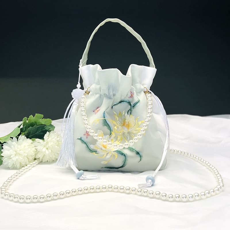 Yun Zhiqi Shining Hanfu Bag, Ancient Style Crossbody Handbag, Pearl Embroidery Handbag, Chinese-Style Drawstring Handbag, Cloth Bag