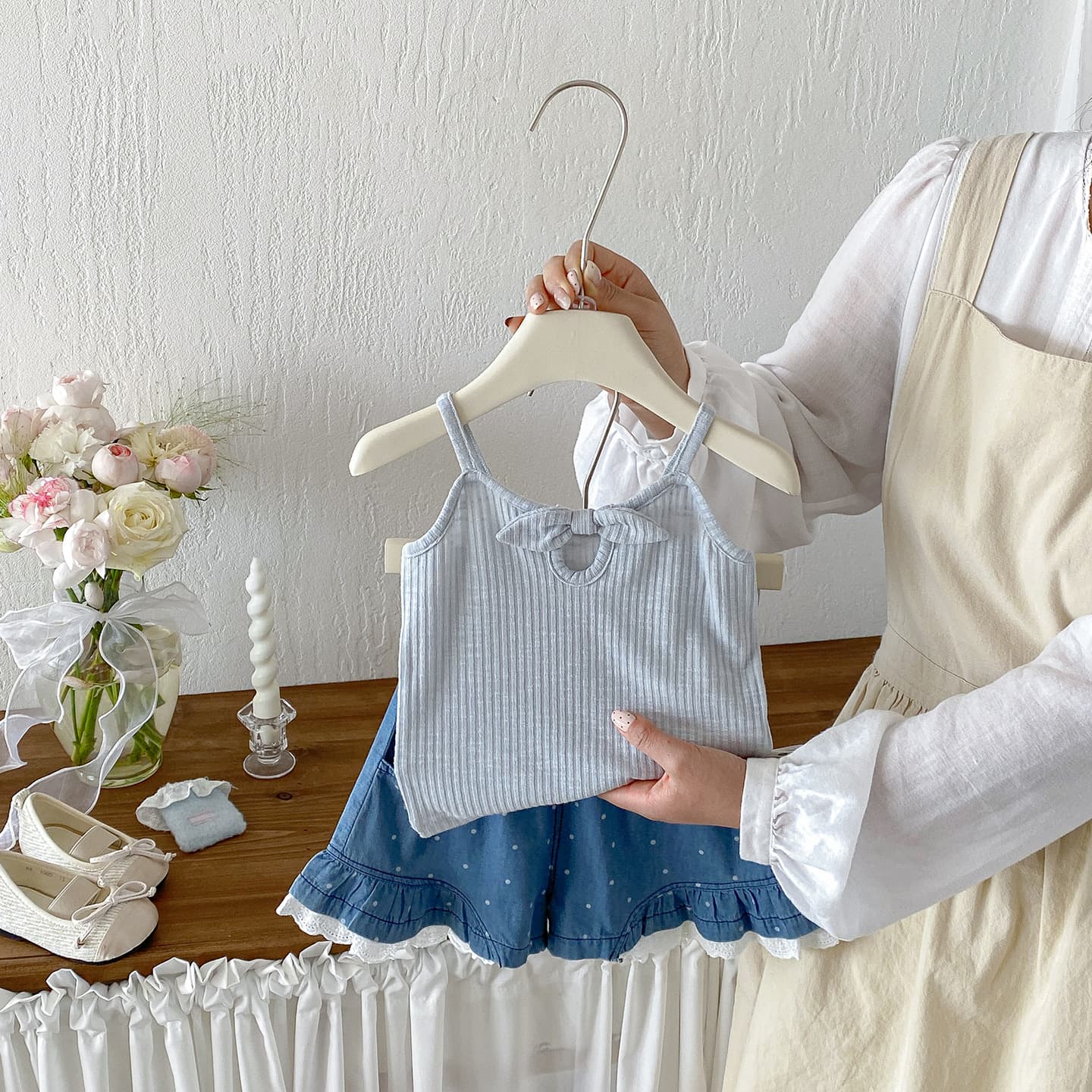 Dianxi baby girl summer new Korean style sweet suit baby bow suspender polka dot lace shorts two-piece set
