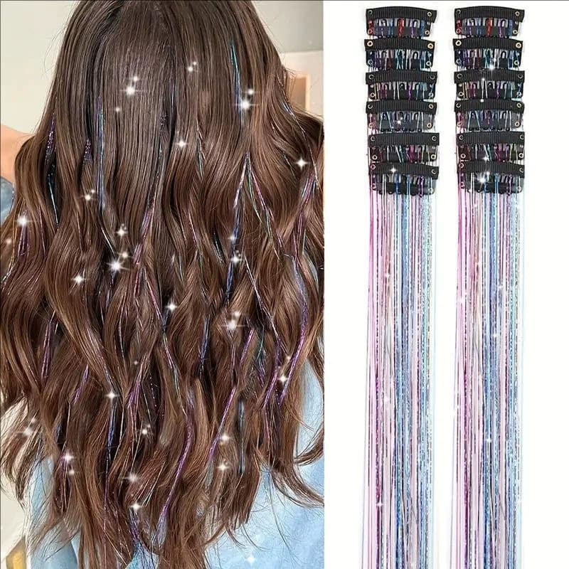 European and American Cross-Border Holographic Glitter Hair Strands Colorful 12-Pack BB Clips Holographic Gold Wire Shiny Metallic Hair Extensions Wig