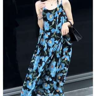 Cross-Border New French Beach Vacation Long Dress Texture High-End Blue Floral Print Sleeveless Strap Dress Women Summer