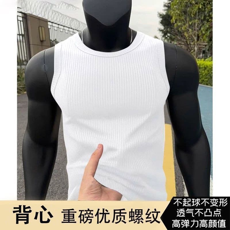 Summer American Trend Ribbed Vest Men's Sleeveless Tank Top for Sports Fitness Broad Shoulder Slim Fit