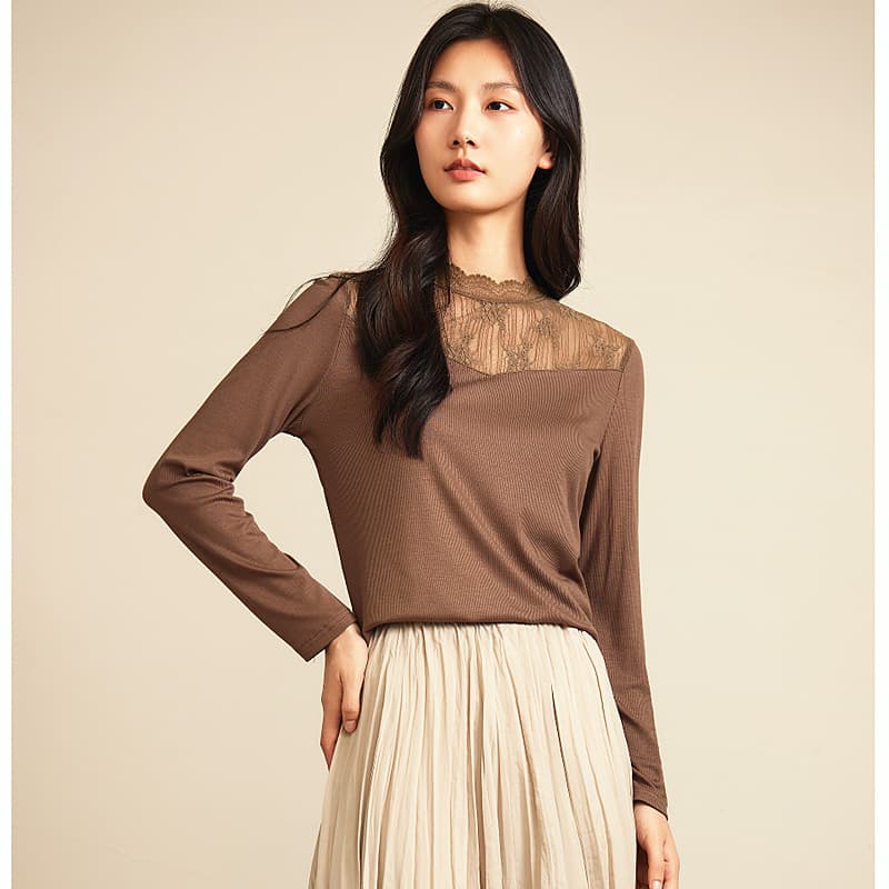 2024 Fall/Winter Thin Women's Lace Patchwork Base Layer Long-Sleeve T-Shirt Slim Fit Fashion Top