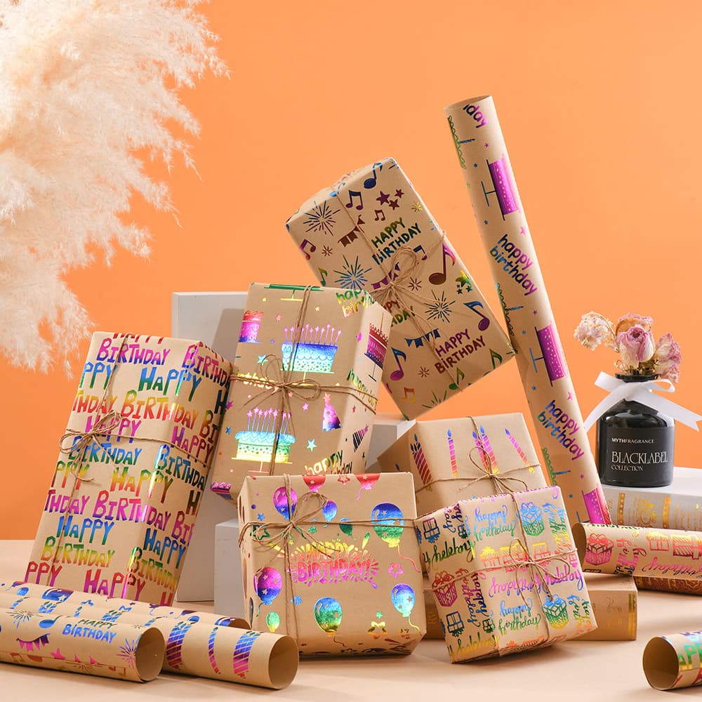 Gift DIY Hot Stamping Kraft Paper Birthday Cartoon Kids Vintage Gift Wrapping Paper Packaging Material Roll