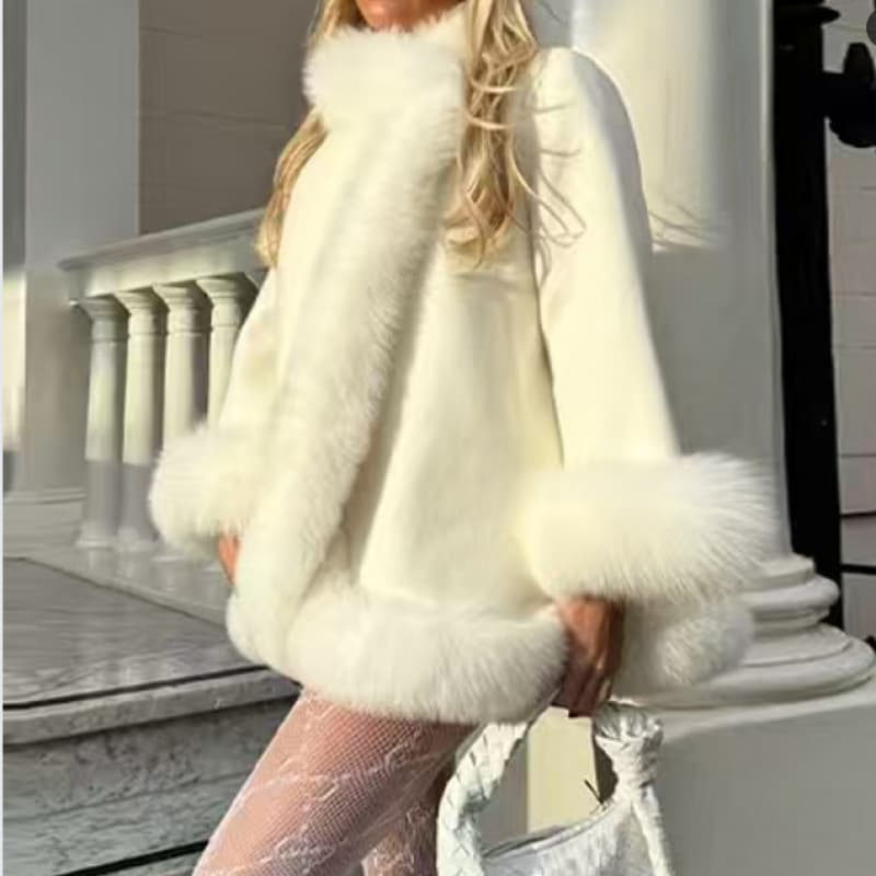 Autumn/winter Chinese socialite style faux fox fur mid-length white cape coat, thickened design wool coat.