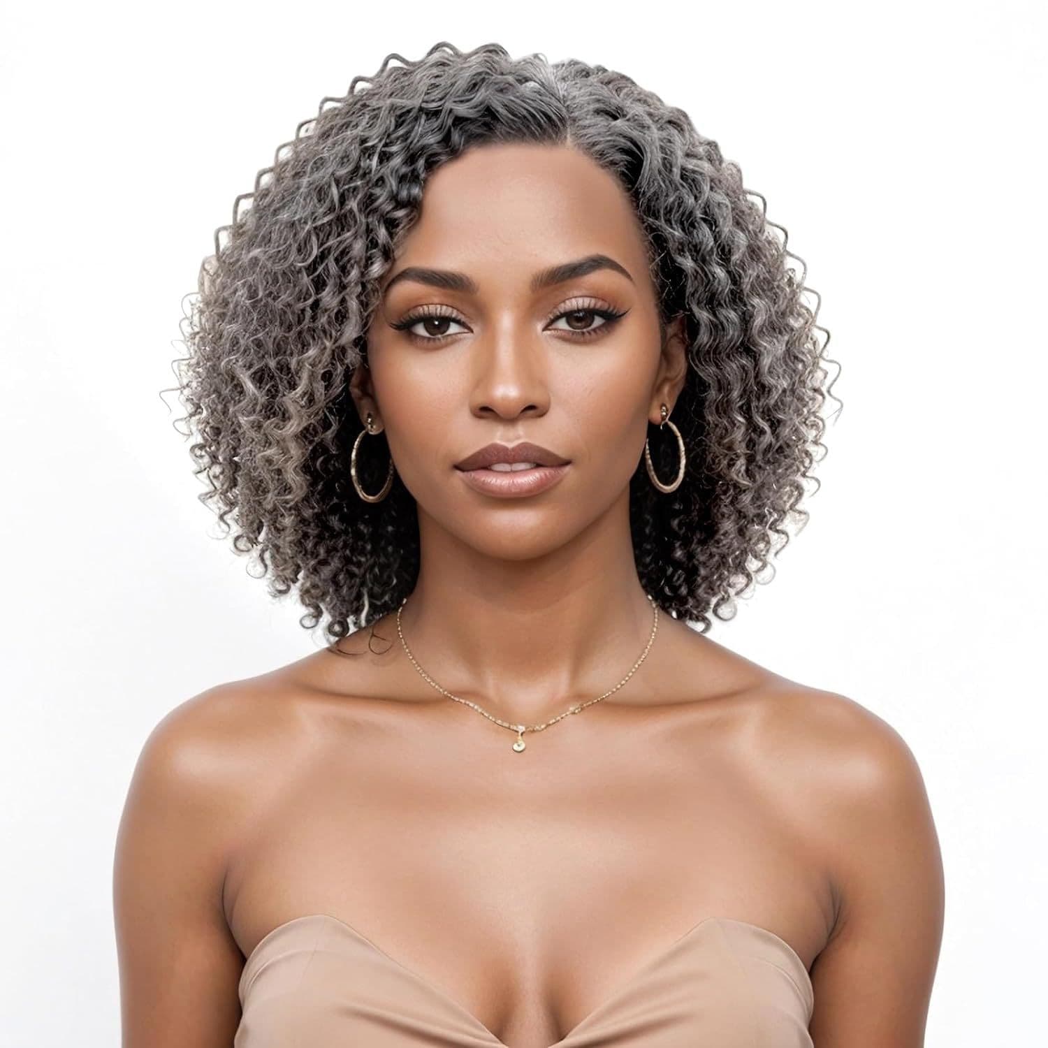 Drawstring Wig 14inch Water Ripple Women's Gradient Brown Mixed Blonde Highlight Short Glueless Wig
