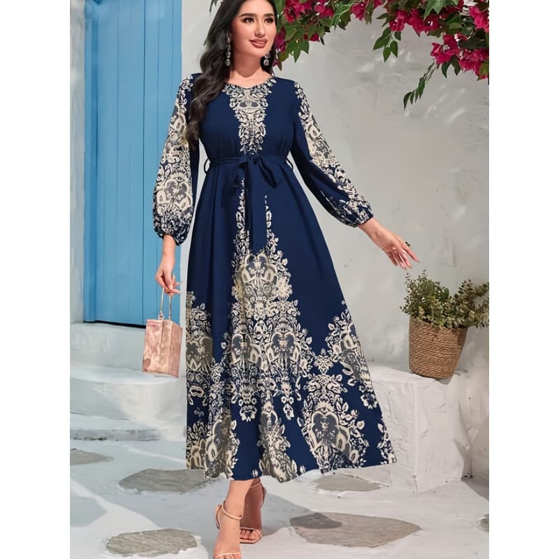 Cross-border best-selling Abaya women dresses floral print elegant belt dress