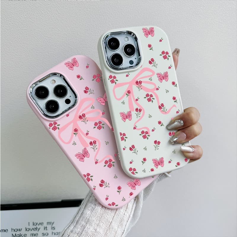 Full-Coverage Floral Bow Case Compatible with Apple 17 Pro, Electroplated Metal Frame, iPhone 16 Shockproof 13 Chunky