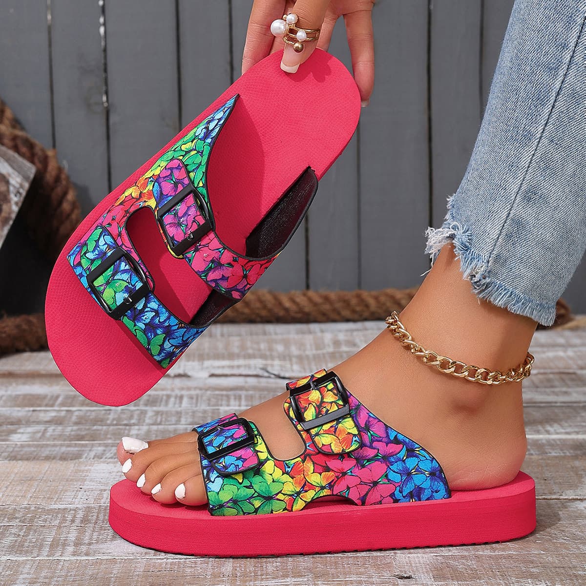 24 summer new foreign trade large size slippers for women solid color one-line mesh breathable double-breasted comfortable European and American casual sandals