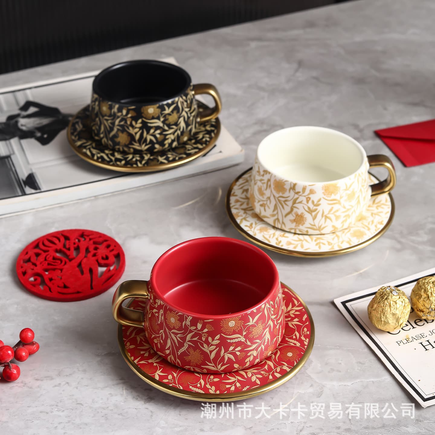 French Light Luxury Pattern Coffee Cup, Household Ceramic Cup and Saucer Set, Exquisite Gift for Latte and Pour-Over Coffee, Factory Wholesale