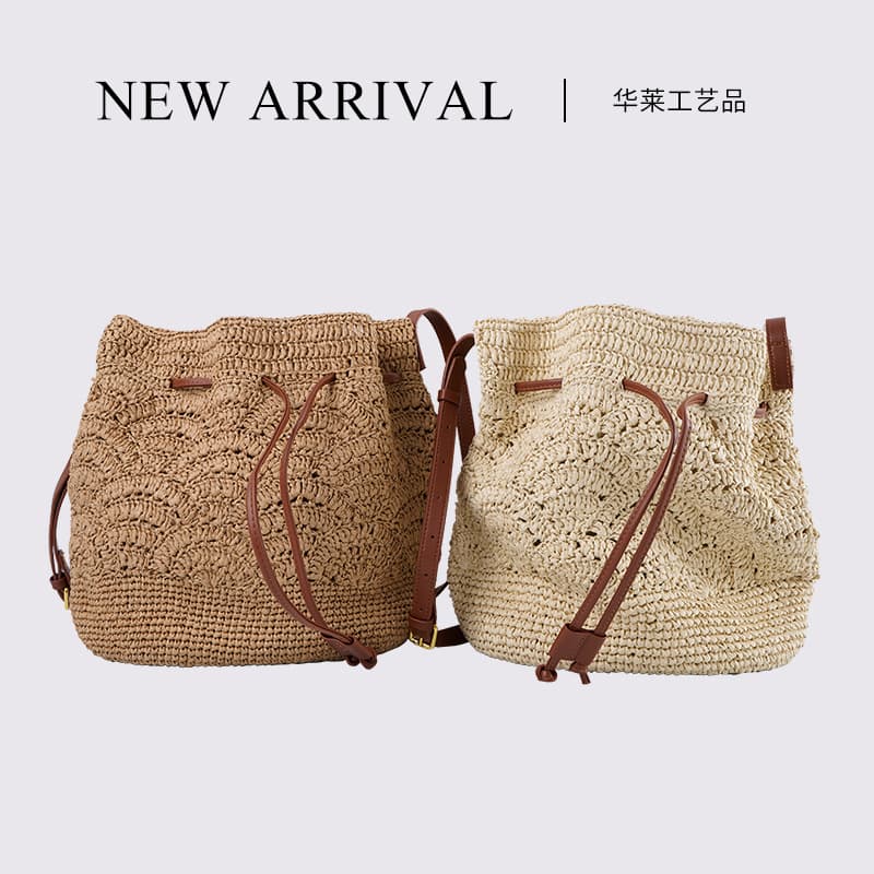 Straw drawstring bucket bag Brown leather shoulder strap shoulder crossbody garden bag 2026 new women's bag shoulder bag